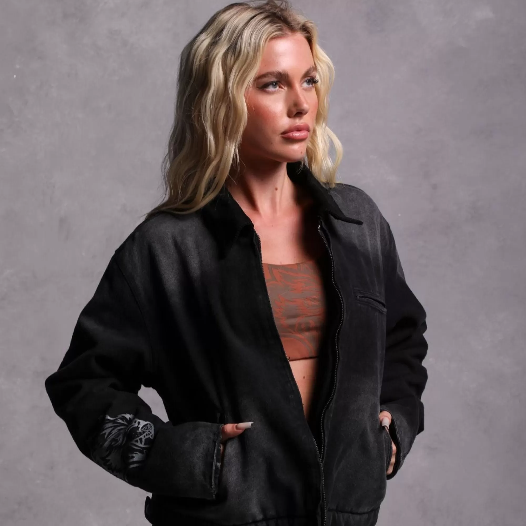 Hot Been Through It Cropped Hard Work Jacket In Distressed Black Women Tops