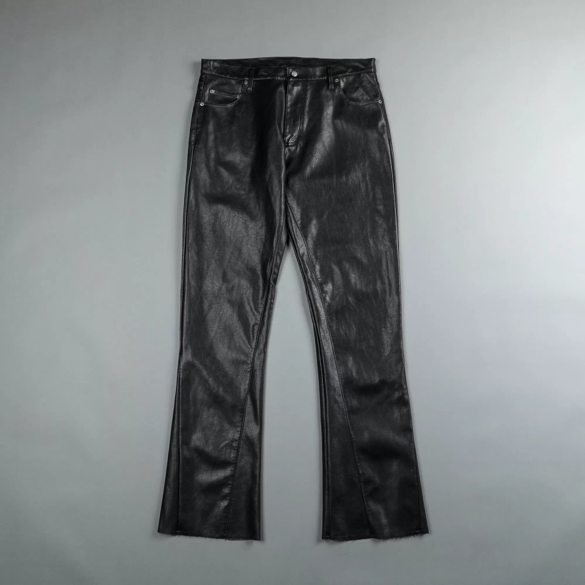 Cheap Smoke Faux Leather Flare Pants In Black Men Pants